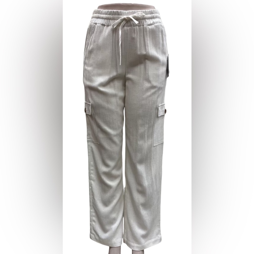 White Cargo Style Linen blend Tie Front Pants